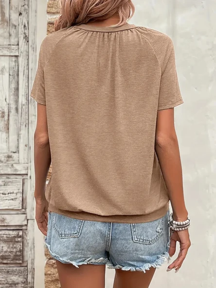 Kadın Kısa Kollu V Yakalı Büzgü Detaylı Viskon Bluz - Resim 3