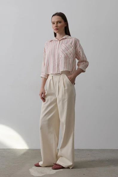 Çift Pileli Palazzo Pantolon - Natür - Resim 3