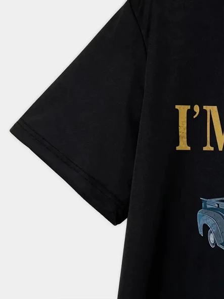 Baskılı Oversize Bisiklet Yaka T-shirt - Siyah - Resim 2