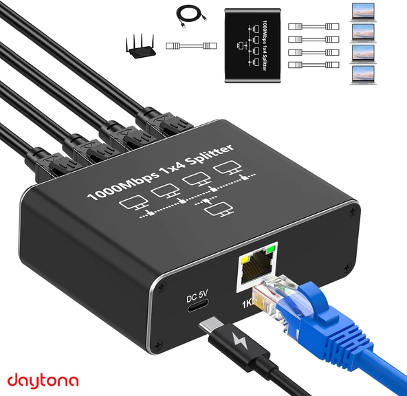 Daytona ZR889 1000Mbps İnternet Hızı, Cat 8, Cat 7, Cat 6 Için Type C Güç Kablosu ile RJ45 Network Splitter Bilgisayarlar, TV'ler, Yönlendiriciler Için Adaptör 1to4 - 6