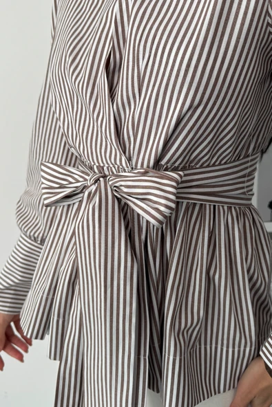 ÇİZGİLİ BAĞLAMA DETAYLI KRUVAZE POPLİN GÖMLEK - Kahverengi - 4