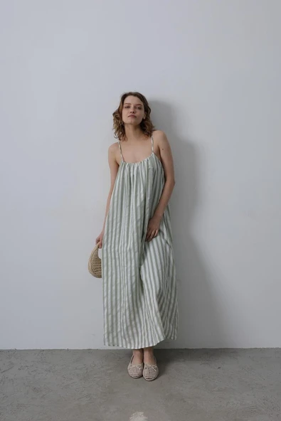 Askılı Çizgi Desen Elbise - Haki - Resim 2