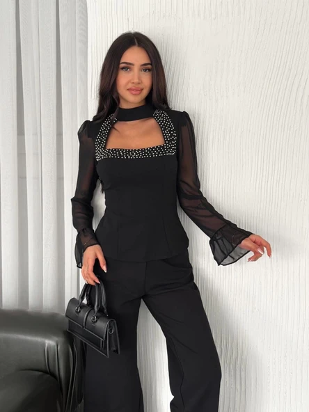 Kolları Şifon Göğüste İnci Boncuk Detaylı Bluz - Siyah - Resim 4