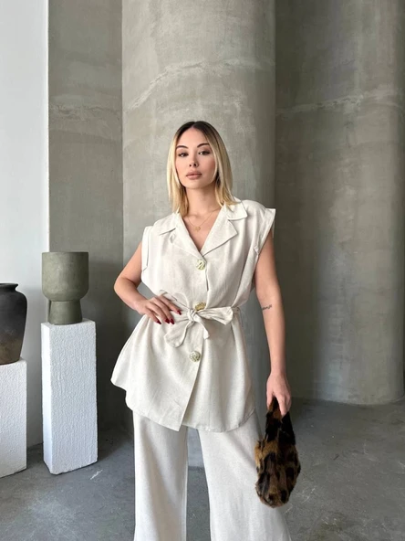 Keten Sıfır Kol Kuşaklı Ceket Pantolon Ikili Takım - Beyaz - Resim 2