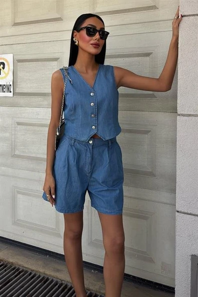 Gümüş Düğmeli Yelek Ve Şort Tensel Takım 10174 - Resim 4