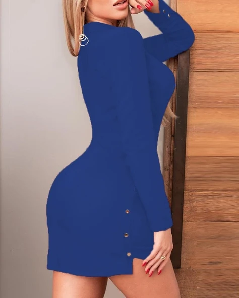 Kadın Uzun Kollu Polo Yaka ön Kısım çıtçıtlı Düğme Detay Scuba Krep Mini Boy Elbise - Resim 2