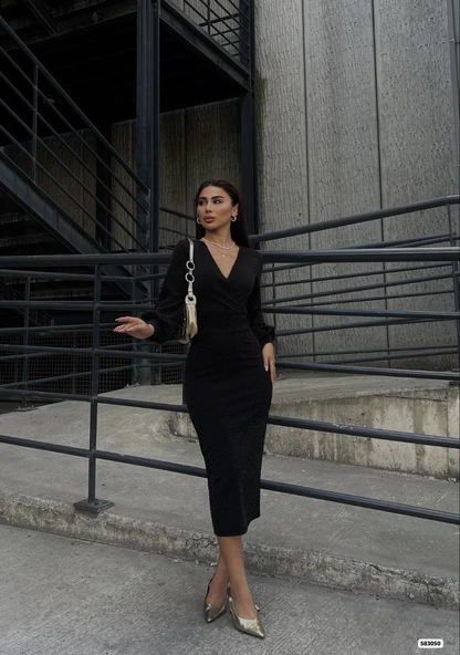 Kadın Kruvaze Yaka Balon Kol Simli Krep Kumaş Midi Boy Elbise - Resim 3