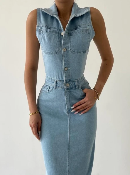 Meldia Jean Sıfır Kollu Elbise - 6