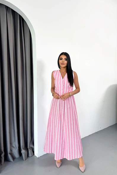 KETEN ÇİZGİLİ YELEK - UZUN ETEK TAKIM - Pembe ürün görseli