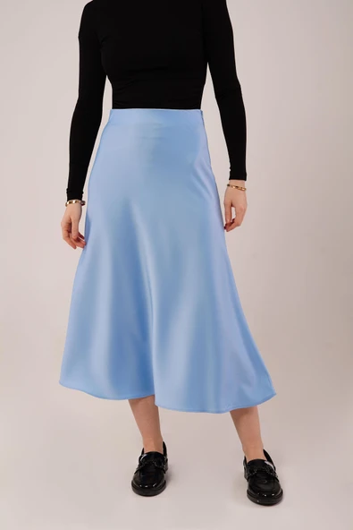 Çan Kesim Midi Mavi Saten Etek - Resim 2