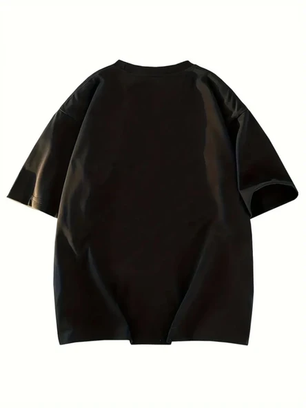 Baskılı Oversize Bisiklet Yaka T-shirt - Siyah - Resim 4