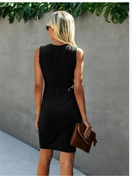 Kadın Kolsuz V Yaka Düğme Detay Beli Lastikli Eteği Kruvaze Viskon Elbise - Resim 2