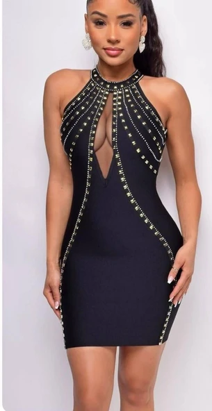 Kadın Dalgıç Kumaş Taş Detaylı Mini Boy Elbise ürün görseli