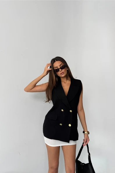 GOLD DÜĞMELİ KETEN YELEK - Siyah ürün görseli