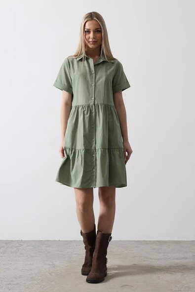 Kısa Kol Düğmeli Elbise - Haki ürün görseli