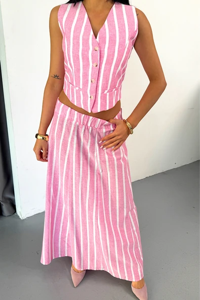 KETEN ÇİZGİLİ YELEK - UZUN ETEK TAKIM - Pembe - Resim 4