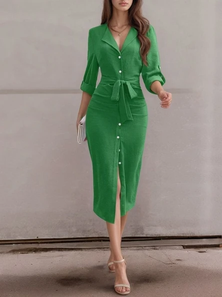 Kadın Uzun Kollu önden Düğmeli Beli Kuşaklı Aerobin Midi Elbise ürün görseli