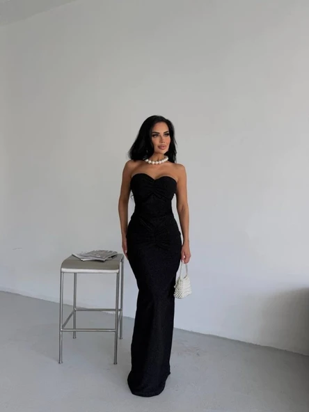 Straplez Simli Uzun Elbise - Resim 2