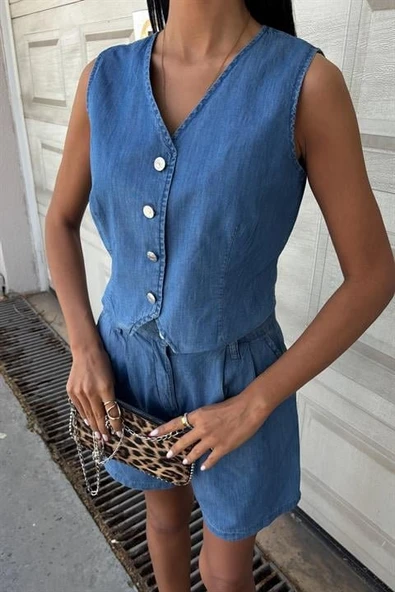 Gümüş Düğmeli Yelek Ve Şort Tensel Takım 10174 - Resim 8