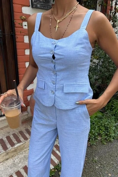 Kalın Askılı Bluz Pantolon Keten Takım 10187 - Resim 3