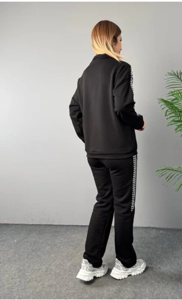 Kadın Fermuar Ve Ekose Detay Sweatshirt Ve Pantolon üç Iplik Kumaş Ikili Takım - Resim 3