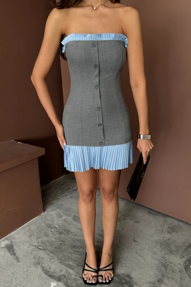 STRAPLEZ POLVİSKON ELBİSE MAVİ FIRFIR DETAYLI - Gri - Resim 4