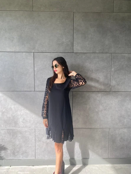 Kadın Uzun Kollu Yuvarlak Yaka Kol Ve Etek Ucu Dantelli Kısa Ithal Krep Elbise - Resim 4