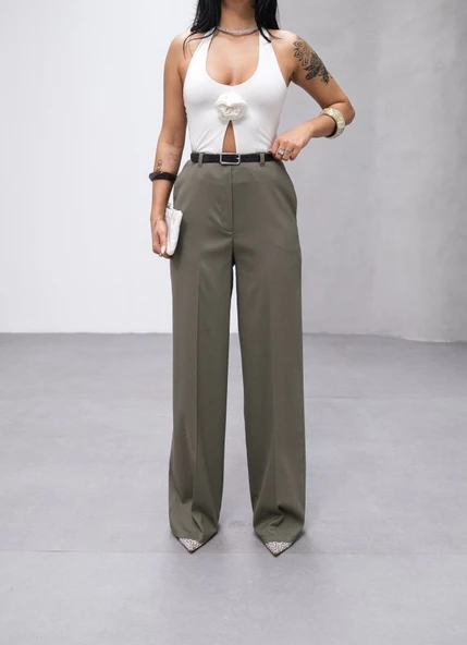 Poly Viscose Yüksek Bel Kemerli̇ Ve Dökümlü Palazzo Pantolon (Kemer Dahi̇l) - Resim 3