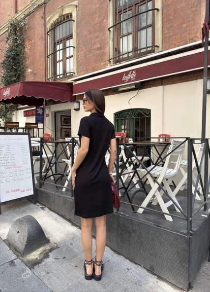 Osy Modal Yumuşak Dokulu Kumaş Yakalı Kısa Kollu Elbise - Siyah - Resim 3