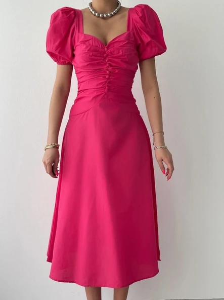 Kare Yaka Düğmeli Elbise - Resim 2