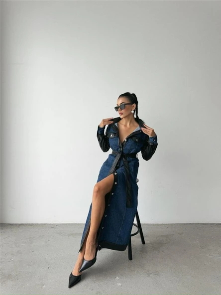 KOT ELBİSE UZUN ÖNDEN DÜĞMELİ - Mavi ürün görseli