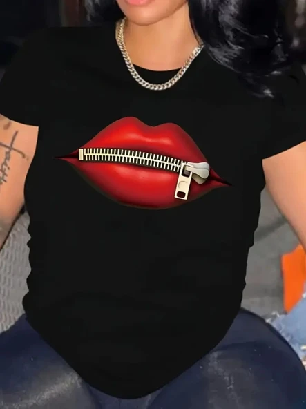 Baskılı Oversize Bisiklet Yaka T-shirt - Siyah ürün görseli