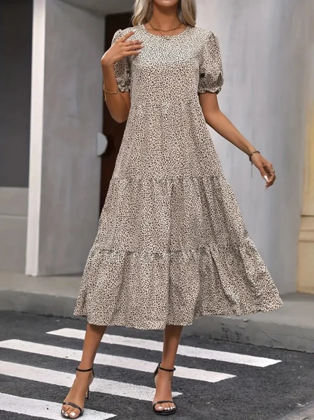Kadın Mini Leopar Desen Midi üç Kat Elbise - Resim 2
