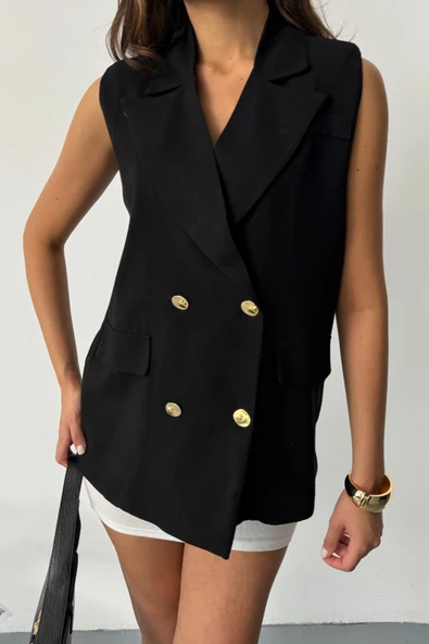 GOLD DÜĞMELİ KETEN YELEK - Siyah - Resim 4