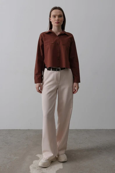 Kemerli Palazzo Pantolon - Pudra - Resim 4