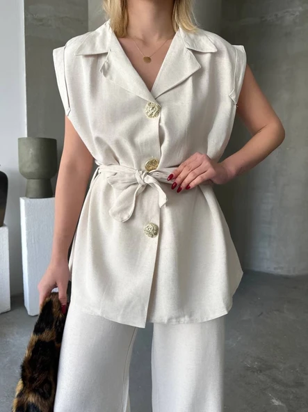 Keten Sıfır Kol Kuşaklı Ceket Pantolon Ikili Takım - Beyaz ürün görseli