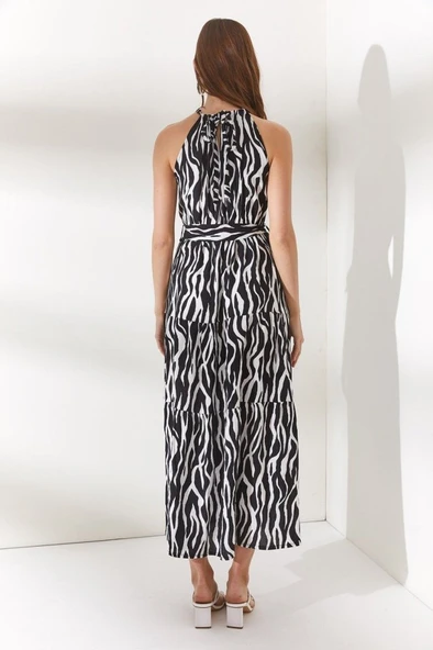 Halter Yaka Kuşaklı Dokuma Viscon Elbise - Resim 3