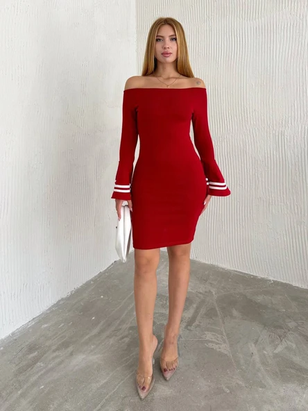 Kadın Akrilik Kumaş Ispanyol Kol Madonna Yaka Mini Elbise - Resim 4