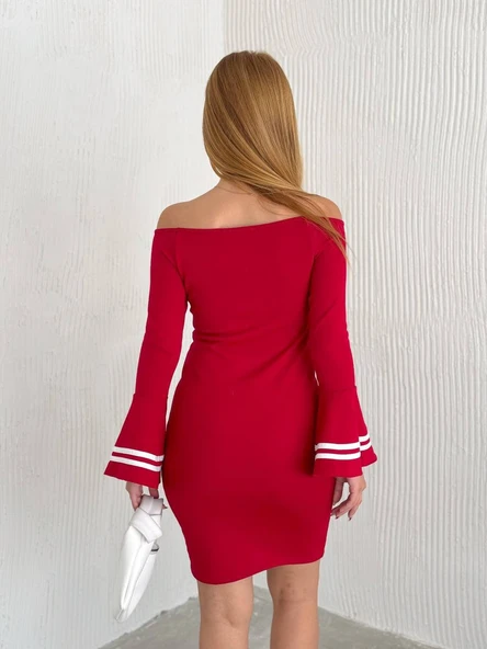 Kadın Akrilik Kumaş Ispanyol Kol Madonna Yaka Mini Elbise - Resim 3