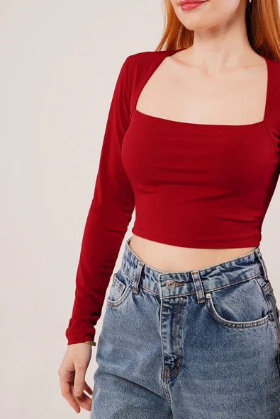 Kare Yaka Basic Bordo Bluz - Resim 2