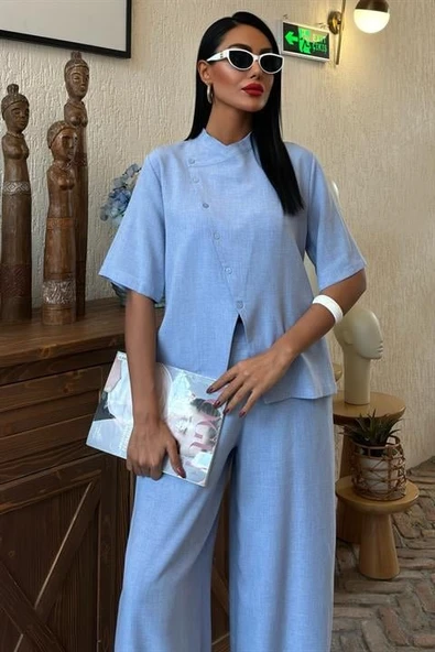 Hakim Yaka Çapraz Düğmeli Plazzo Pantolon Viscon Keten Takım 10091 - Resim 4