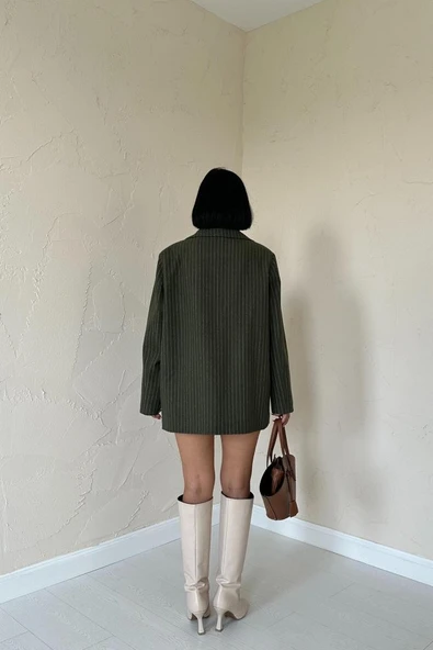Haki Çizgili Oversize Ceket - Resim 4