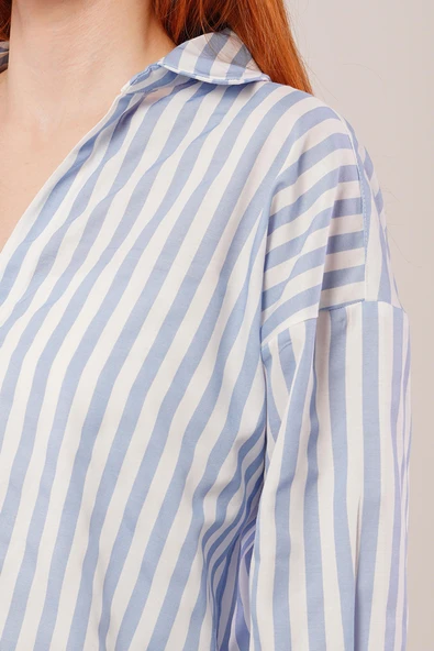 Çizgili Rahat Kesim Mavi Gömlek - Resim 4