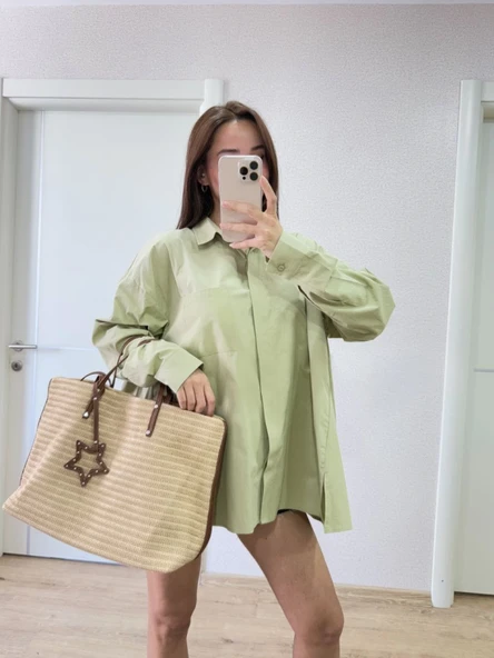 Yakalı Yandan Yırtmaçlı Gömlek - Yeşil - Resim 3