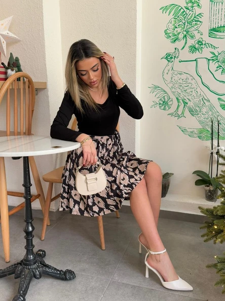 Kadın Uzun Kollu Kare Yaka Viskon Bluz Alt Süprem Baskılı Belden Kuşaklı Kısa Elbise - Resim 4