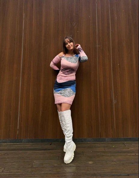 Kadın Uzun Kollu Tek Omuzu Askı Toka Detaylı Kısa Dalgıç Elbise - Resim 2