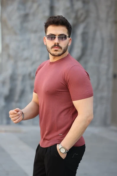 Erkek Viskon Kumaş Bisiklet Yaka Basic Tişört - Resim 2