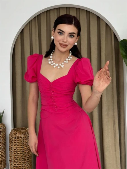 Kare Yaka Düğmeli Elbise ürün görseli