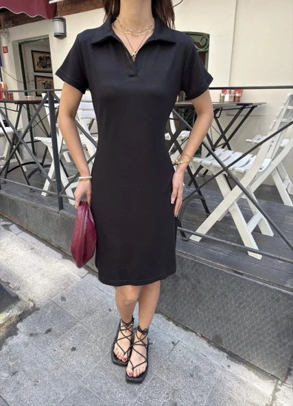 Osy Modal Yumuşak Dokulu Kumaş Yakalı Kısa Kollu Elbise - Siyah - Resim 2