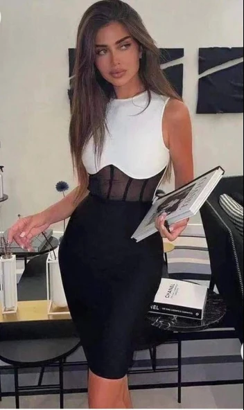 Kadın Bisiklet Yaka Kolsuz çift Renk Ve Bel Transparan Korse Detay Midi Boy Elbise - Resim 2